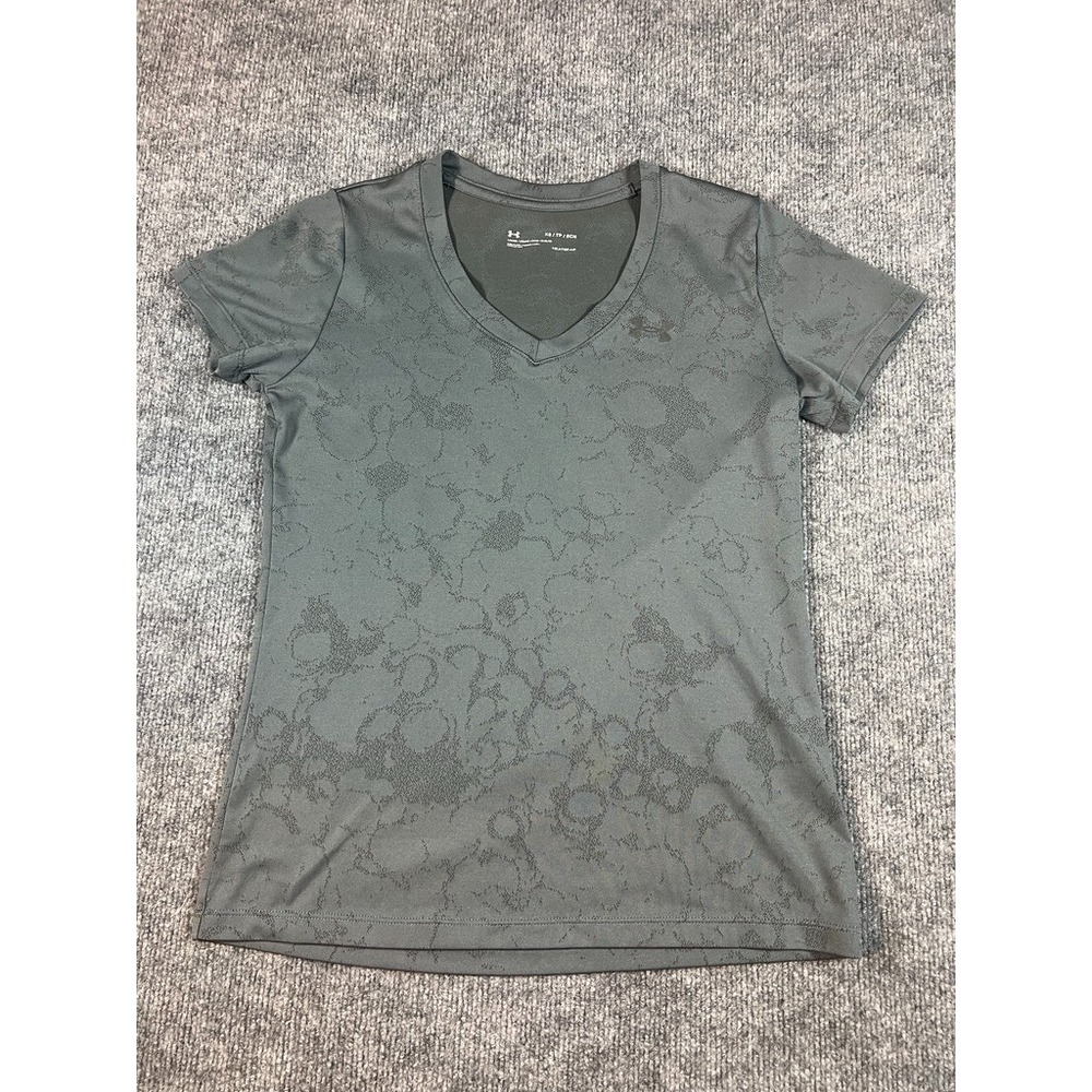 Under Armour HeatGear Womens XS V Neck Gray Floral Athletic Shirt Loose Fit Tee1